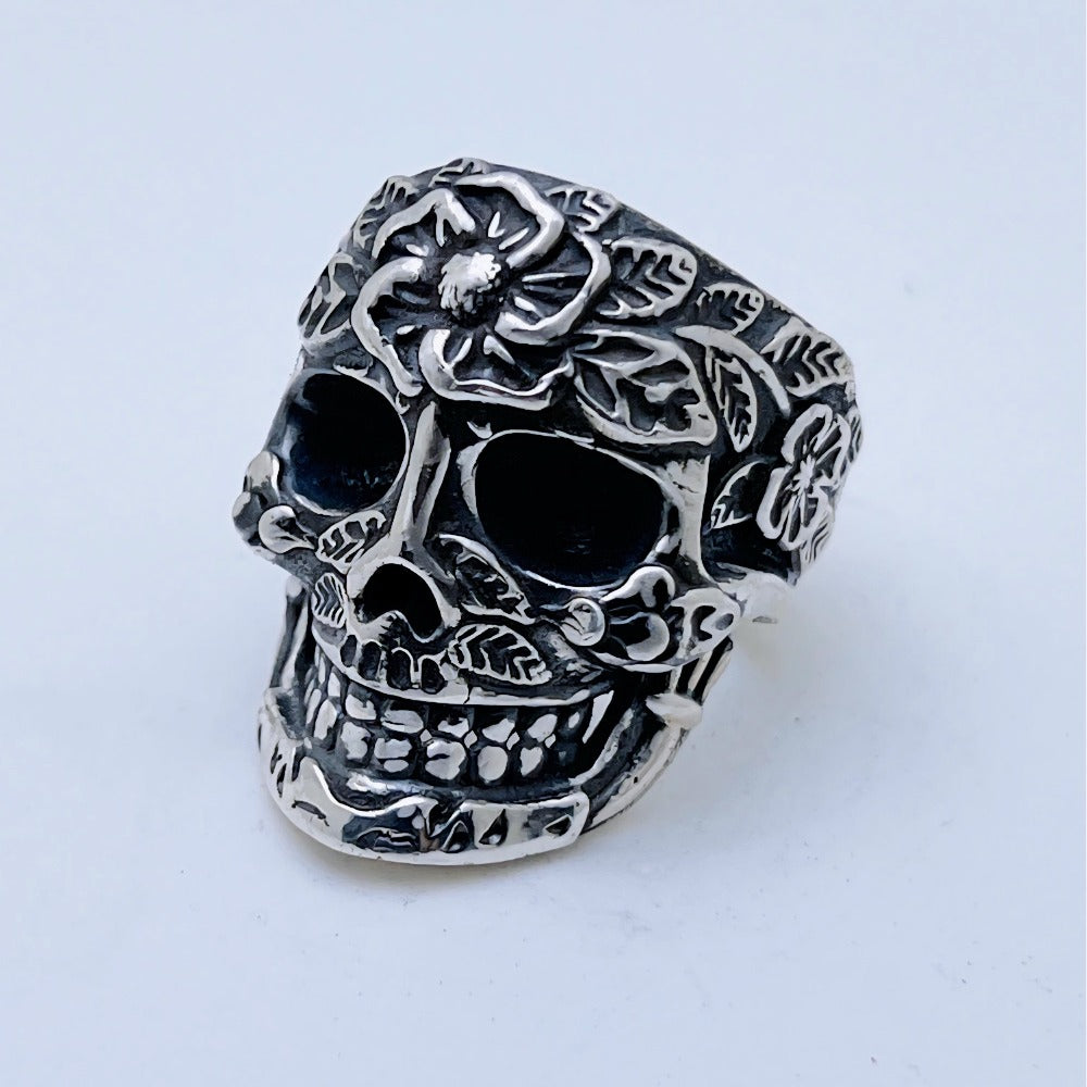 Floral Skull Silver Ring