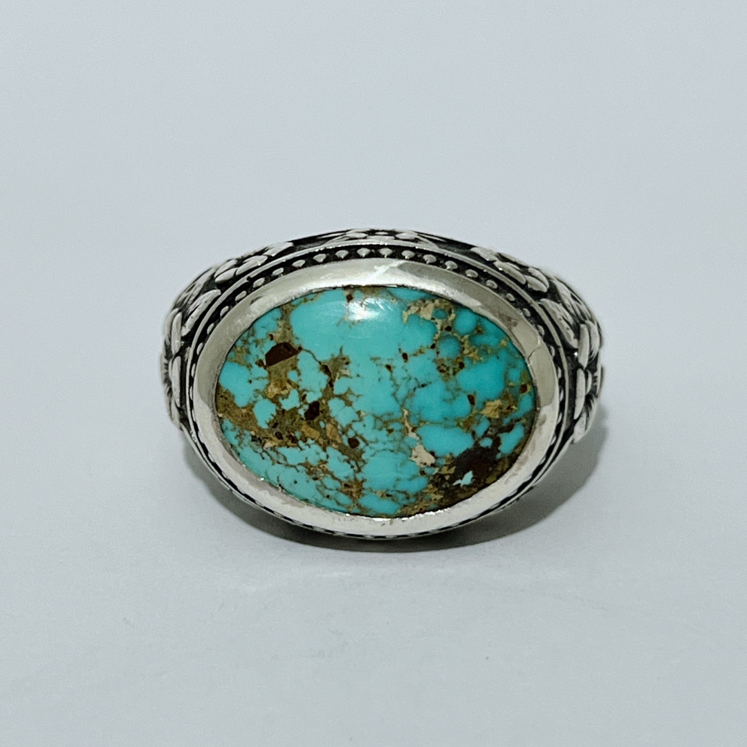 Handcrafted sterling silver floral turquoise ring with oval turquoise stone and engraved sides – Atlas Jewelry