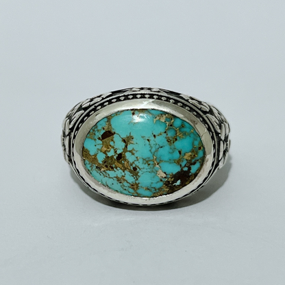 Handcrafted sterling silver floral turquoise ring with oval turquoise stone and engraved sides – Atlas Jewelry