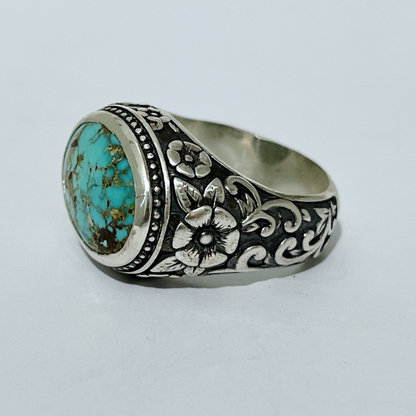 Handcrafted sterling silver floral turquoise ring with oval turquoise stone and engraved sides – Atlas Jewelry