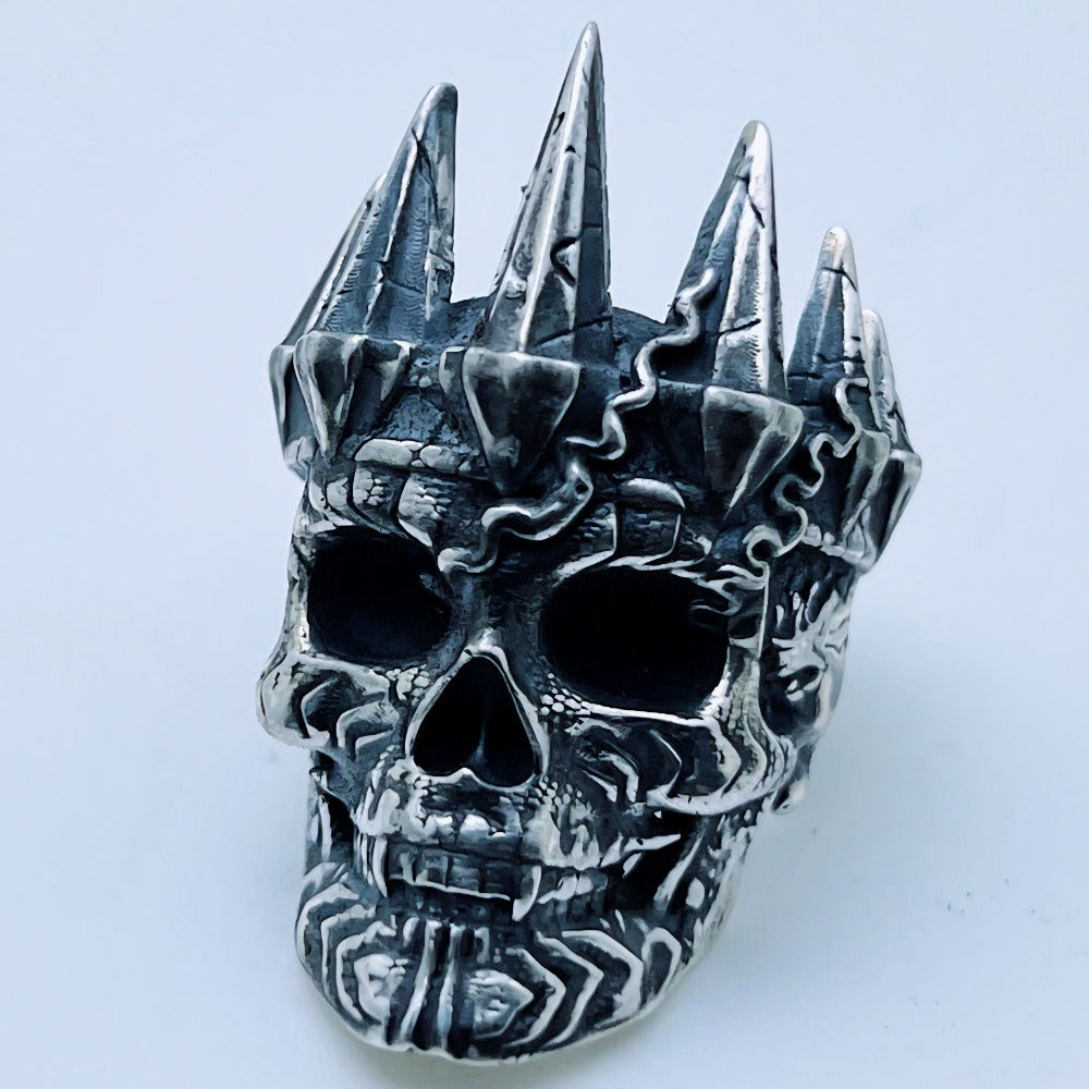 Handcrafted sterling silver crowned skull ring with spiked crown and dark oxidized details – Atlas Jewelry Silver Legends collection