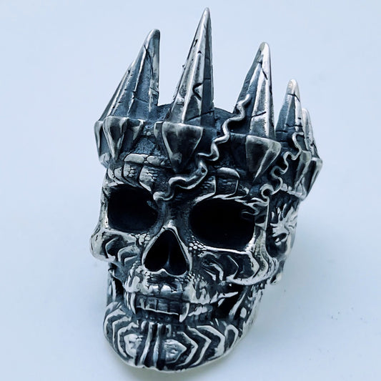Handcrafted sterling silver crowned skull ring with spiked crown and dark oxidized details – Atlas Jewelry Silver Legends collection