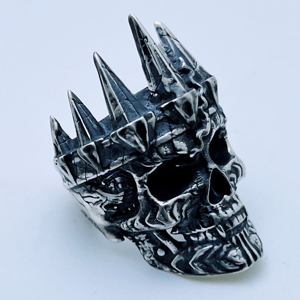Handcrafted sterling silver crowned skull ring with spiked crown and dark oxidized details – Atlas Jewelry Silver Legends collection