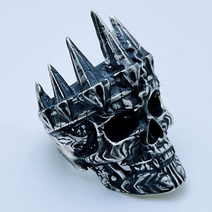 Handcrafted sterling silver crowned skull ring with spiked crown and dark oxidized details – Atlas Jewelry Silver Legends collection