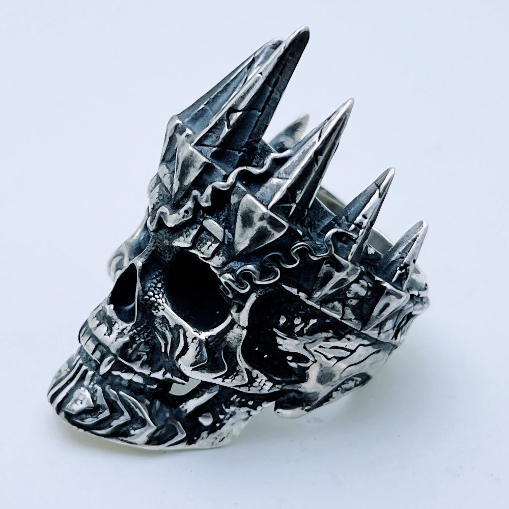 Handcrafted sterling silver crowned skull ring with spiked crown and dark oxidized details – Atlas Jewelry Silver Legends collection