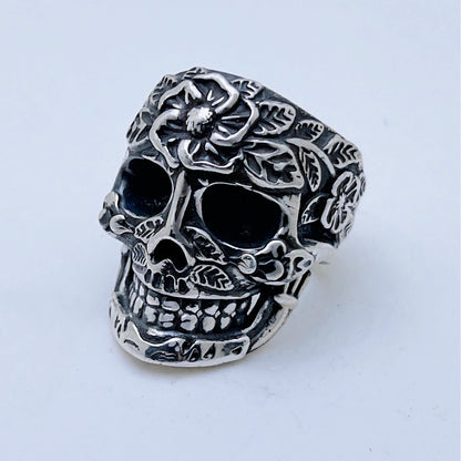 Floral Skull Silver Ring