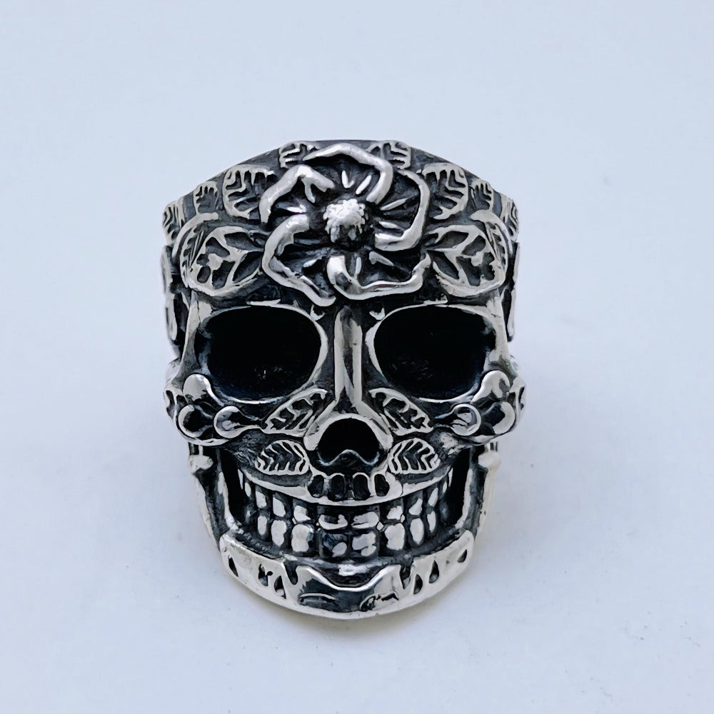 Floral Skull Silver Ring