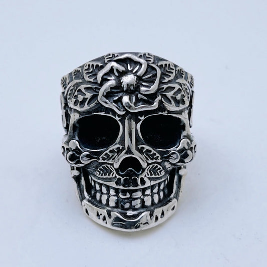 Floral Skull Silver Ring
