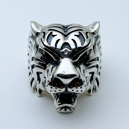 Handcrafted sterling silver roaring tiger head ring with engraved stripes – Silver Legends by Atlas Jewelry